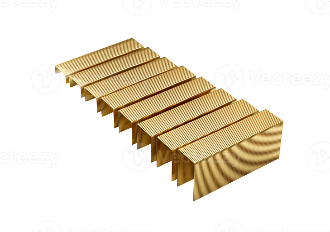 3D Illustration of a Series of Golden Metal Staple Pins Neatly Aligned in Parallel Rows png