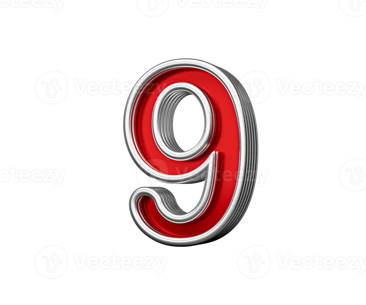 Vibrant Red Number Nine 9 With Metallic Gleam And Beveled Edges 3D Illustration png