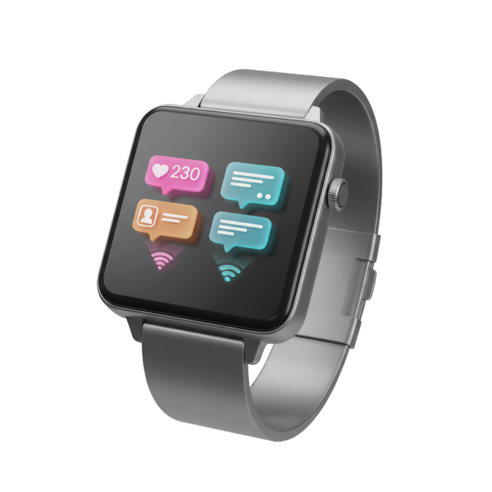 Sleek Smartwatch Displaying Notifications. A Modern Tech Gadget with Wireless Connectivity and Social Media Updates png