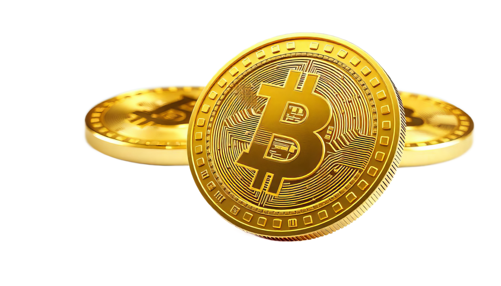 Gleaming Golden Bitcoin Cryptocurrency Coins Close Up. Digital Currency Investment and Blockchain Technology png