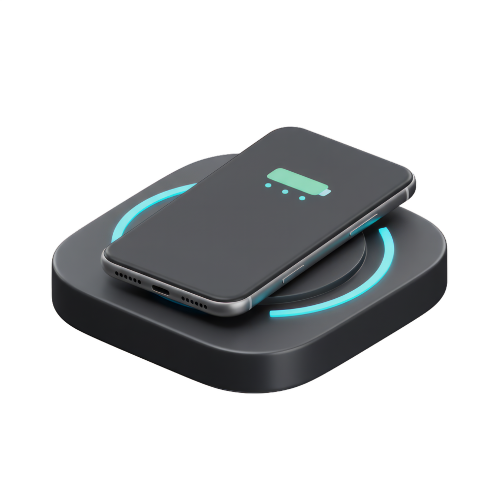 Wireless Charging Station. Modern Smartphone on Inductive Pad, Battery Indicator Showing Charging Progress png