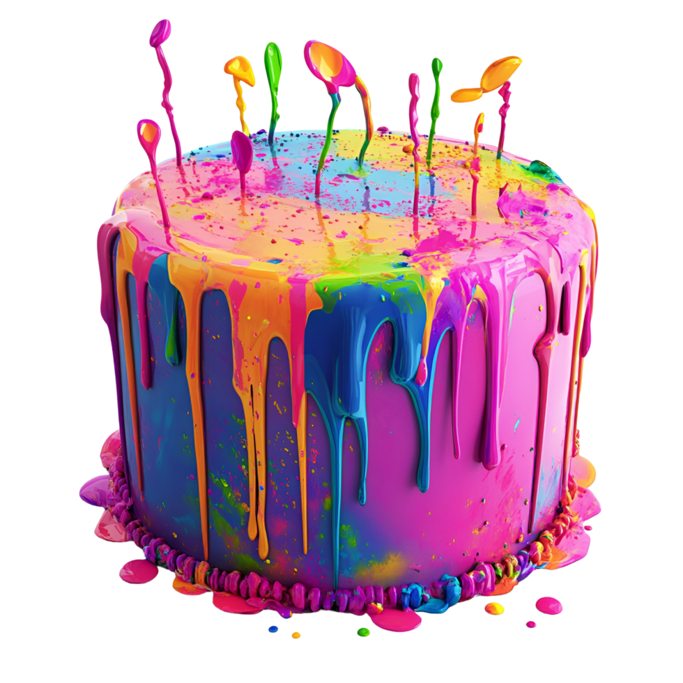 a colorful cake with paint dripping down transparent background png