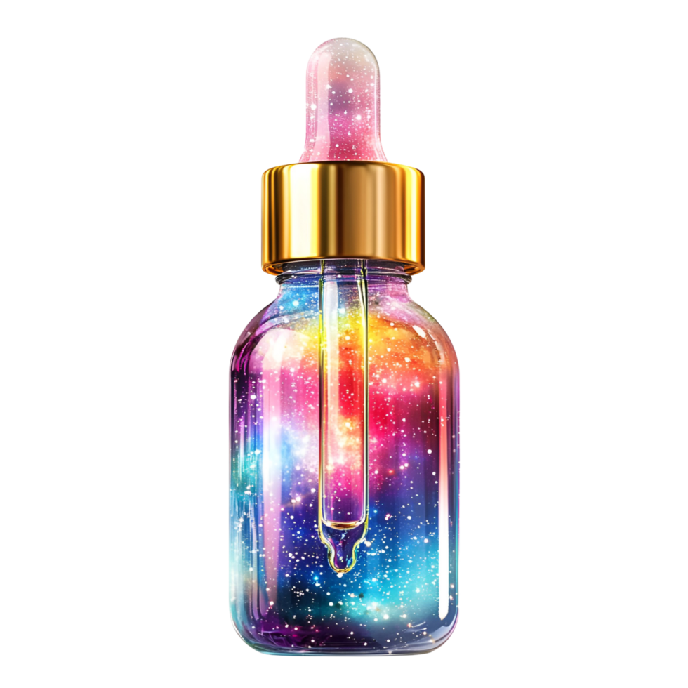 a bottle of liquid with a colorful galaxy design transparent background png
