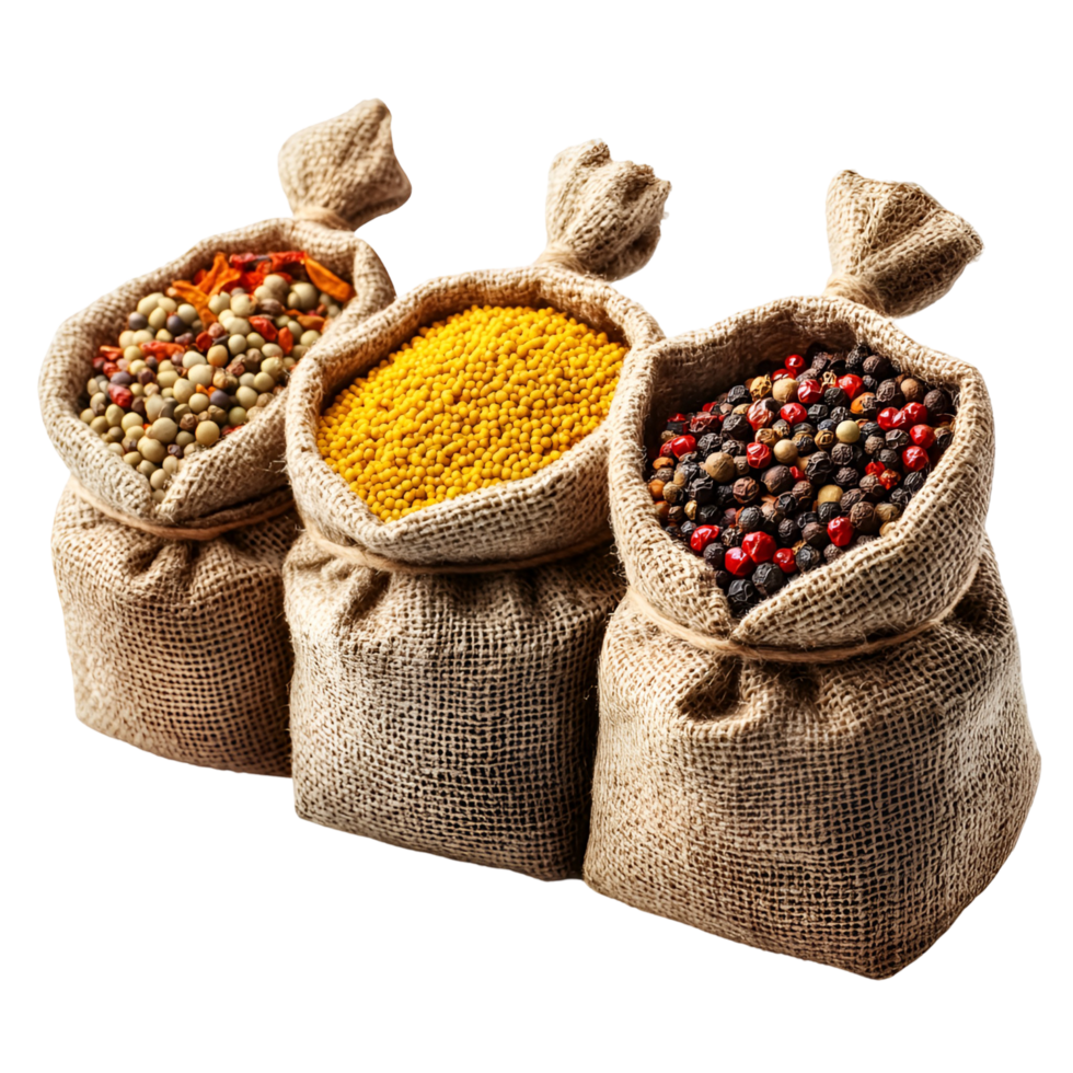 3D Collection of Seasonings in Fabric Pouches on Transparent Background png