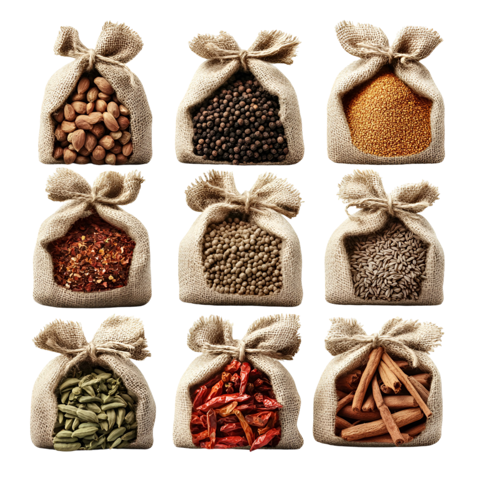 3D Set of Spices in Burlap Bags on Transparent Background png