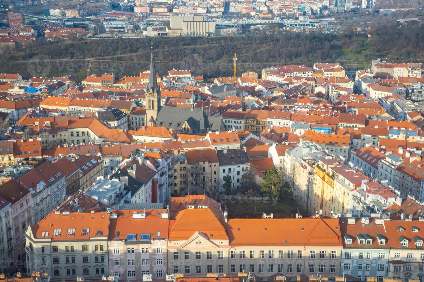 View of the old and new part of the city from Zizkov Television Tower in Prague, Czech republic. High quality photo