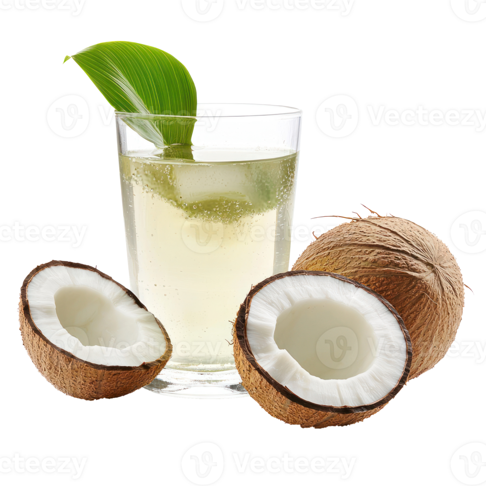coconut juice with green leaves and half of a coconut png