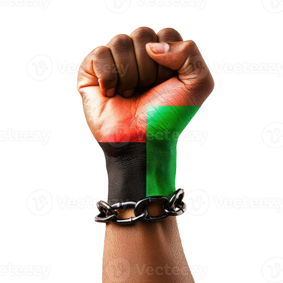 Arm raised fist wrapped in the red green and black African flag with chains isolate on transparent background png