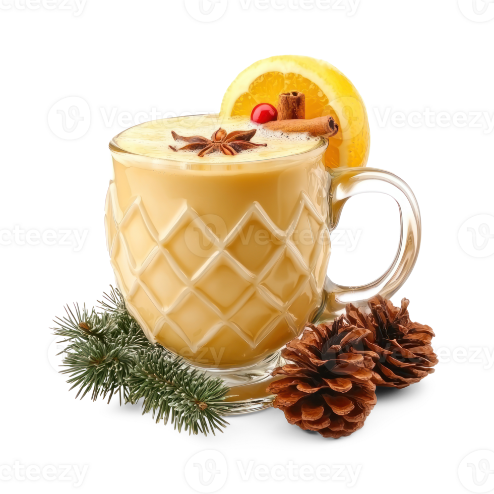 christmas drink in glass with pine cones and cinnamon png