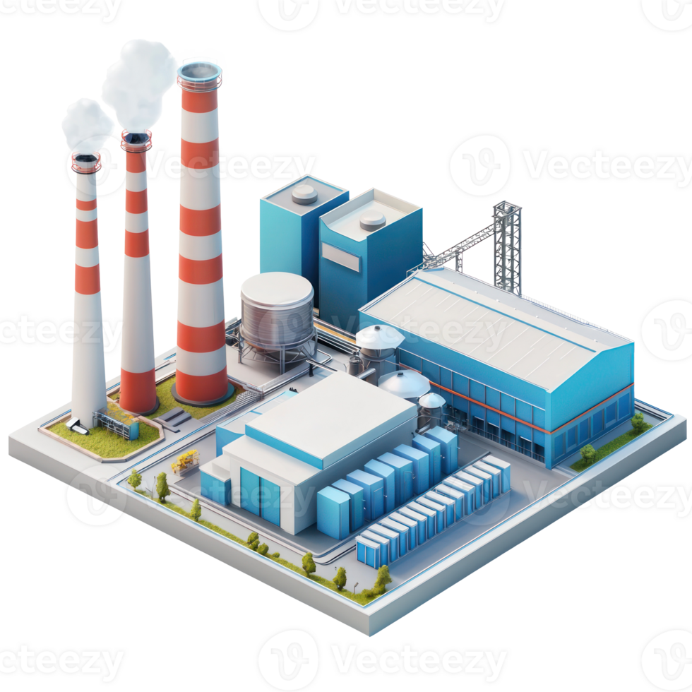isometric factory with chimneys and smoke stacks png