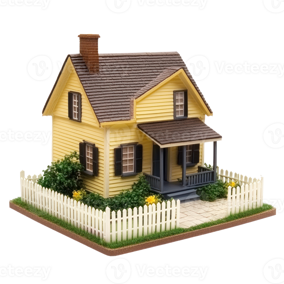 house model with picket fence and flowers on the ground png