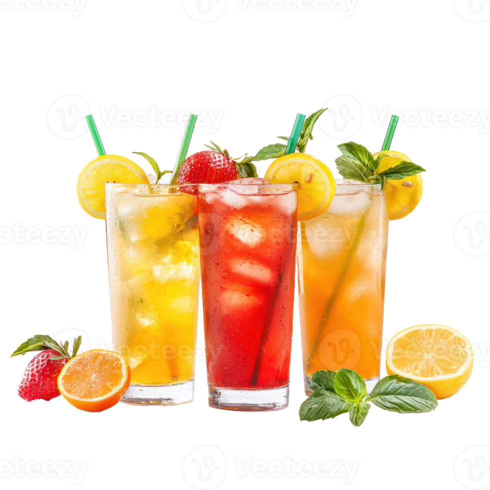 three different drinks with fruit and mint leaves png