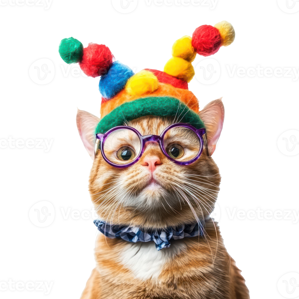 Cat wearing clown jester hat and glasses isolate on transparent background png