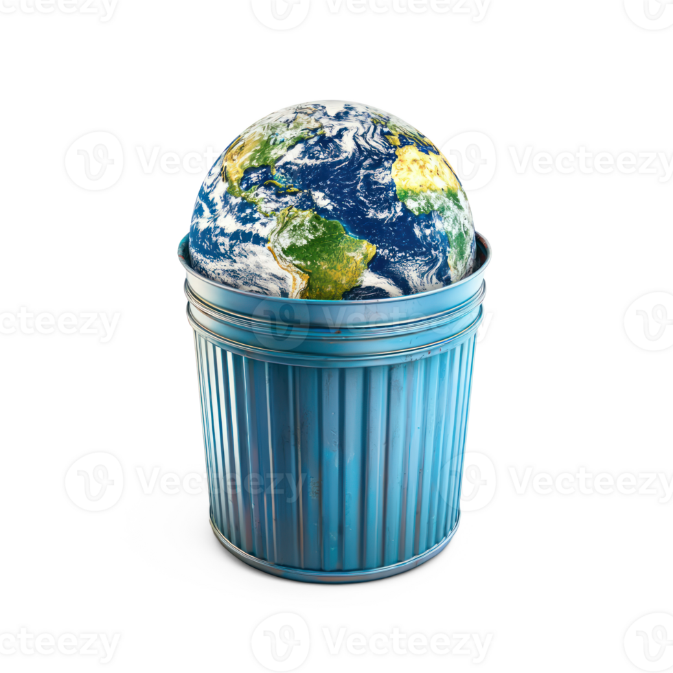 earth in a trash can isolate on transparent background png