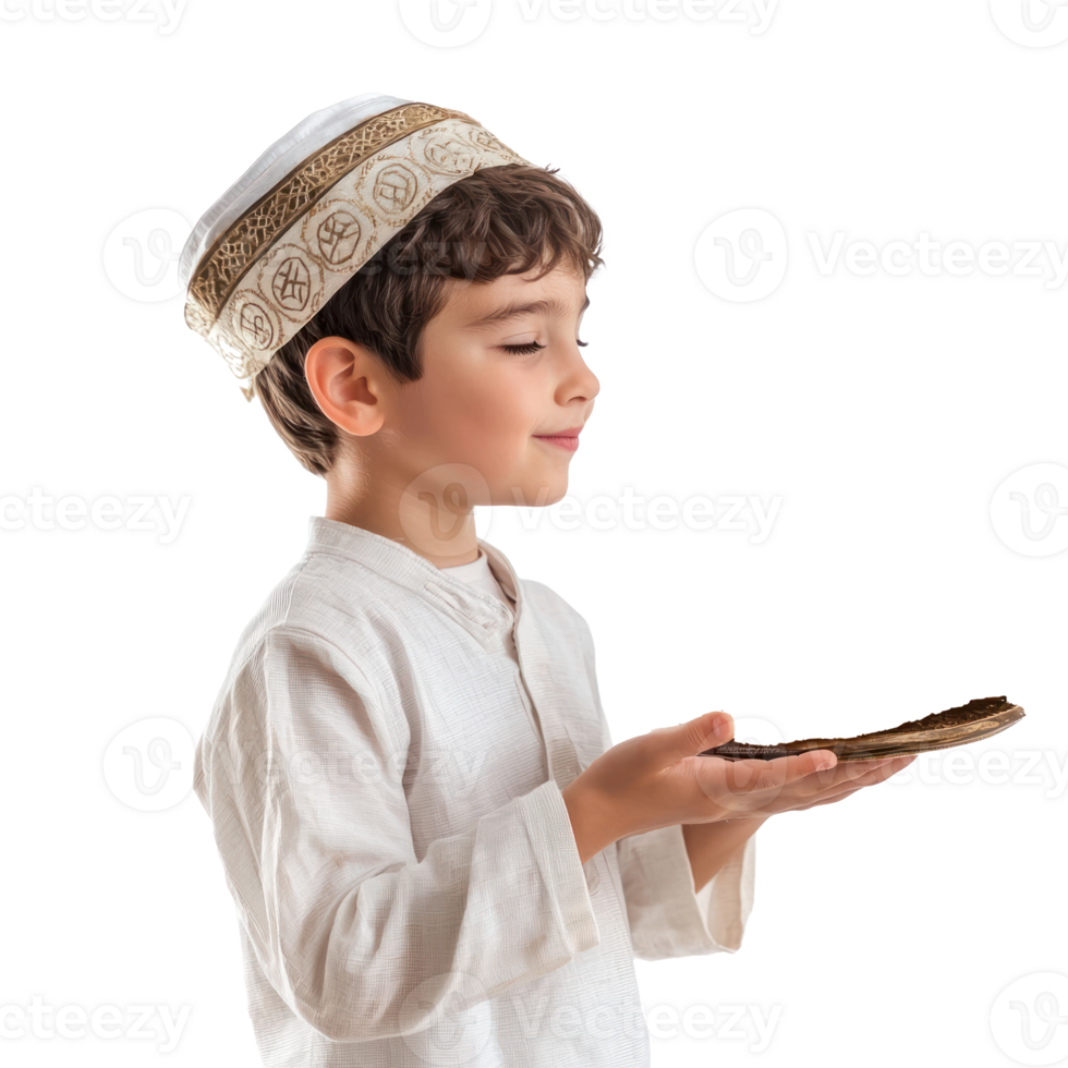 A Little boy celebration Passover jewish holiday, standing side view isolate on transparent background png