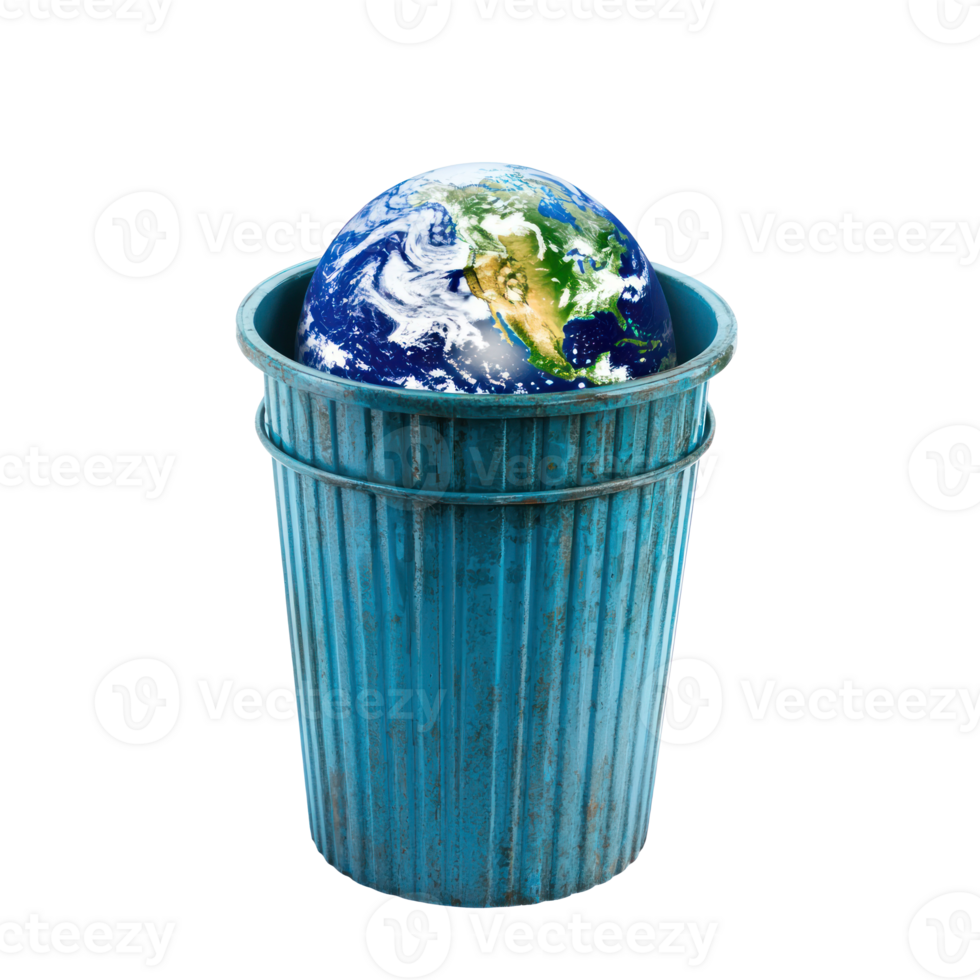 A earth in a trash can isolate on transparent background png