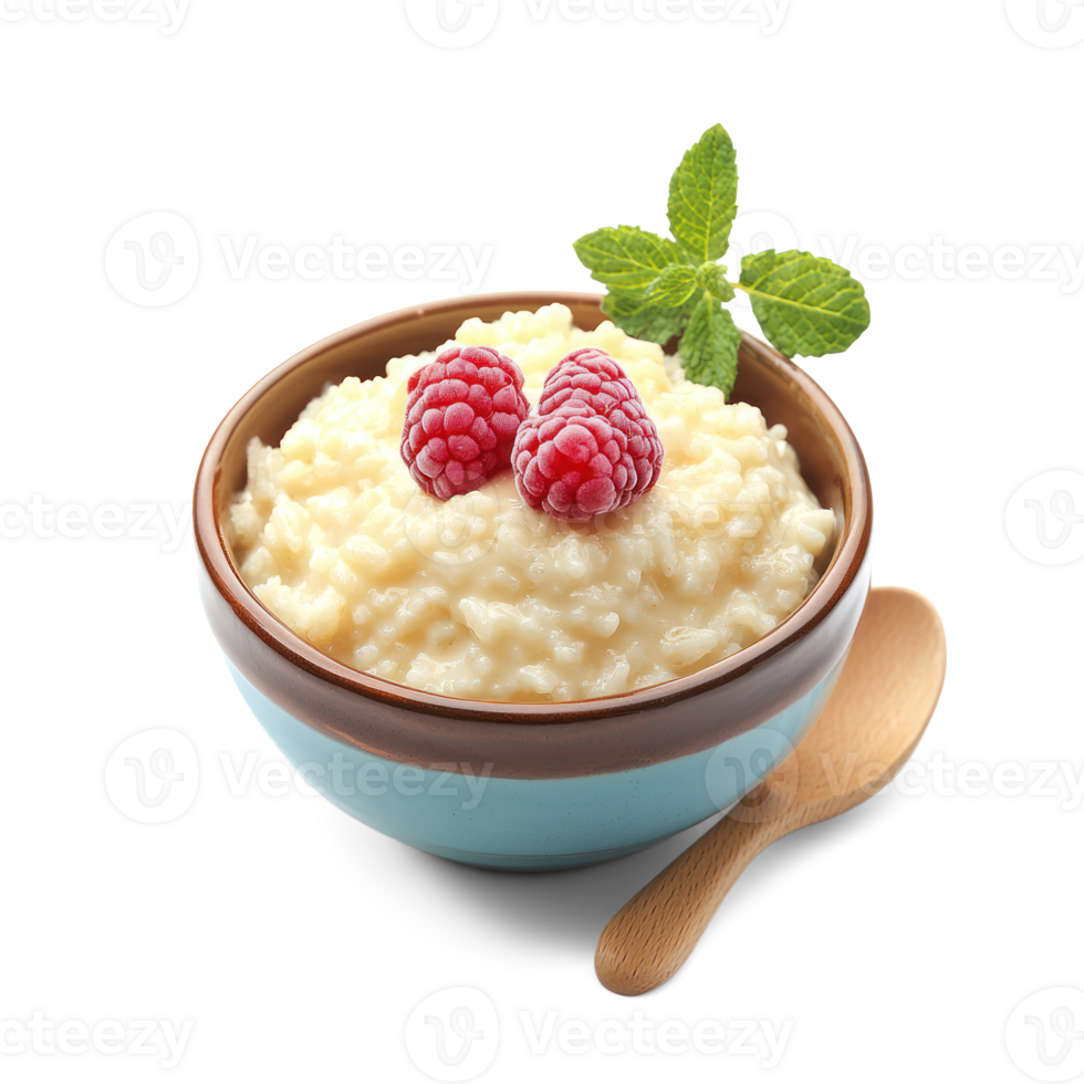 rice pudding with raspberries and mint leaves in a bowl on a transparent background png