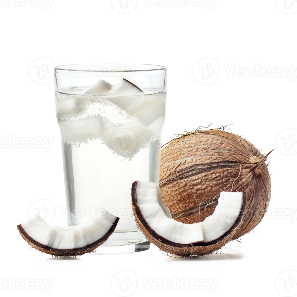 coconut water with ice and coconut slices isolated on transparent background png