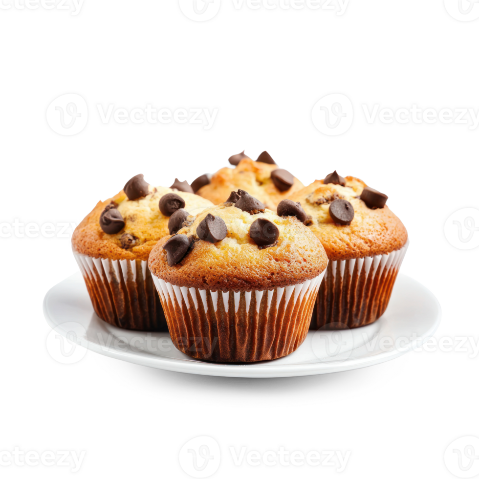 three chocolate chip muffins on a plate on a white background png