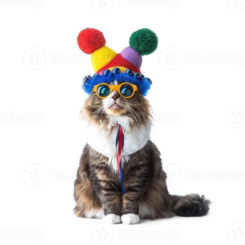 Cat wearing clown jester hat and glasses, full length isolate on transparent background png
