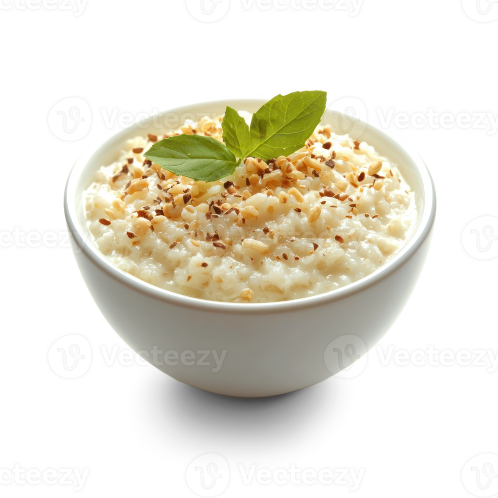rice pudding with fresh mint leaves in a bowl on a transparent background png
