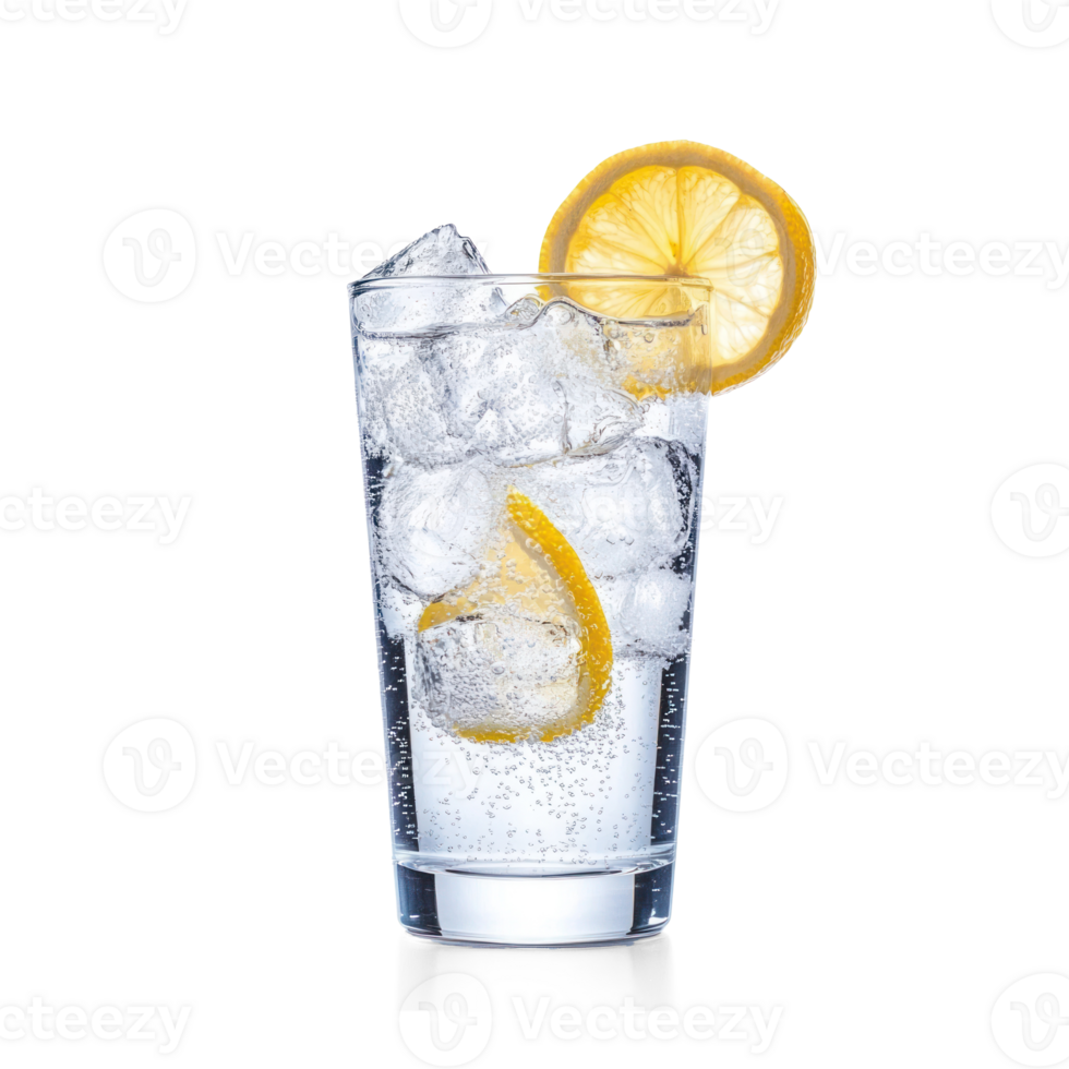 a glass of water with ice and lemon slices isolate on transparent background png