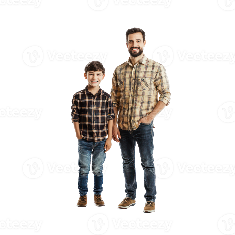 father and son standing together on a white background png
