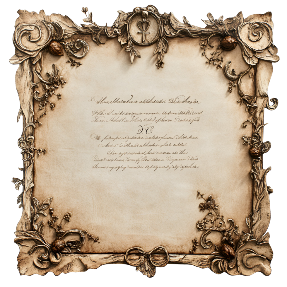 3D Ancient Parchment Scroll With Ornate Frame And Flowers On Transparent Background png