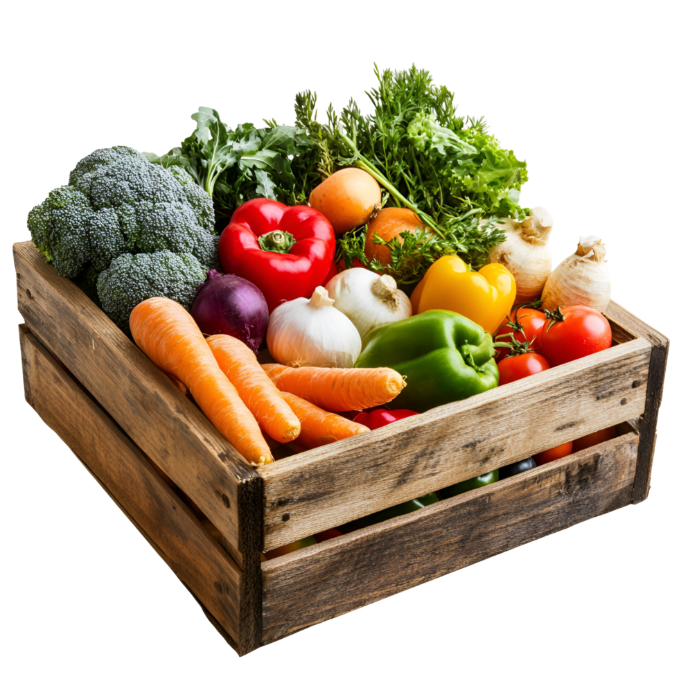 Wooden Box With Fresh Vegetables On Transparent Background png