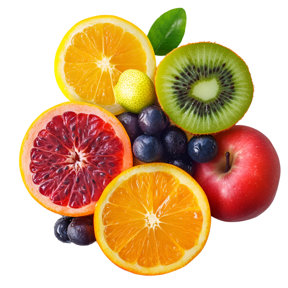 Assorted Fresh Fruit Slices Kiwi Orange Lemon Strawberry Blackberry on Transparent Background png