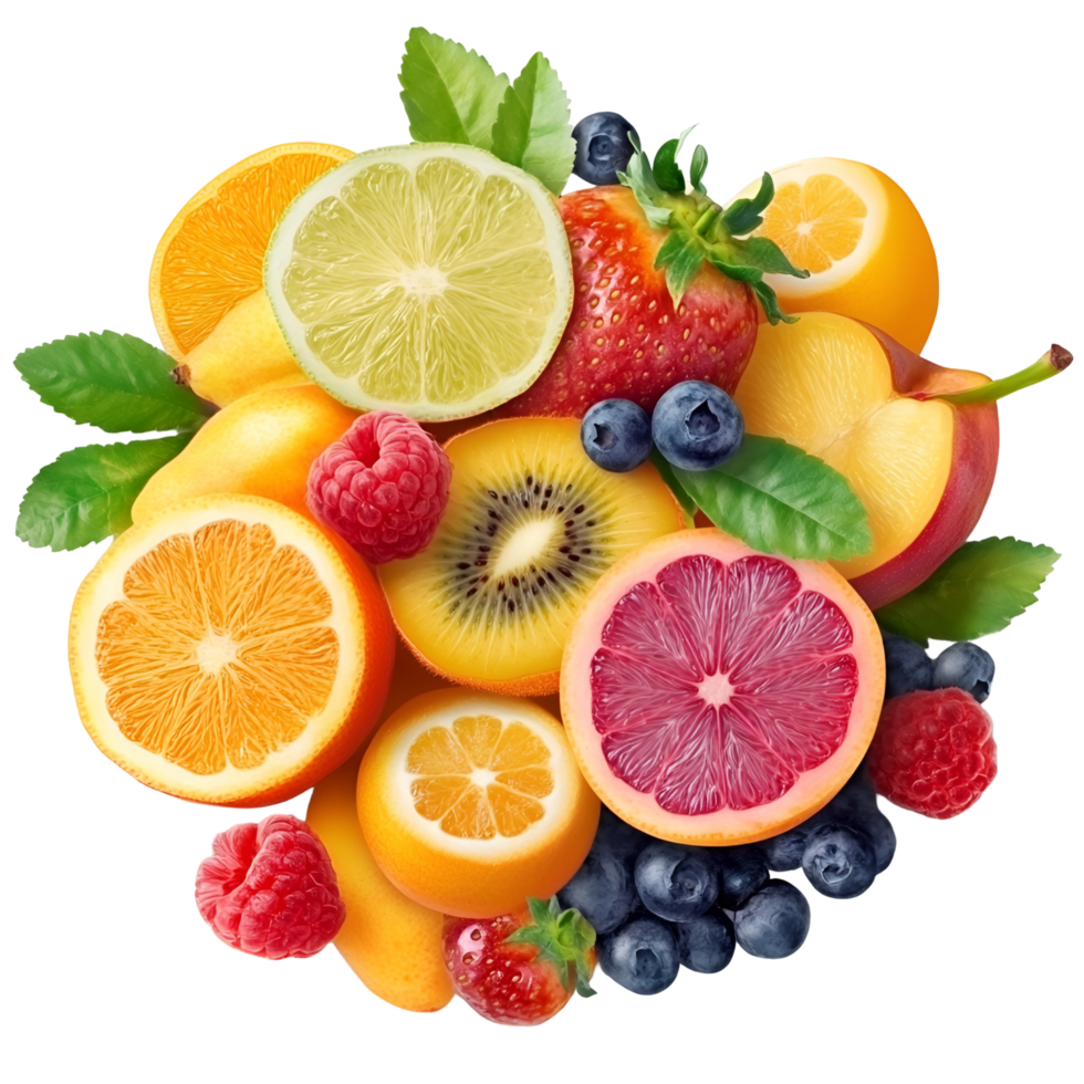 Vibrant Fruit Arrangement Kiwi Orange Lemon Strawberry Blackberry on Transparent Background png