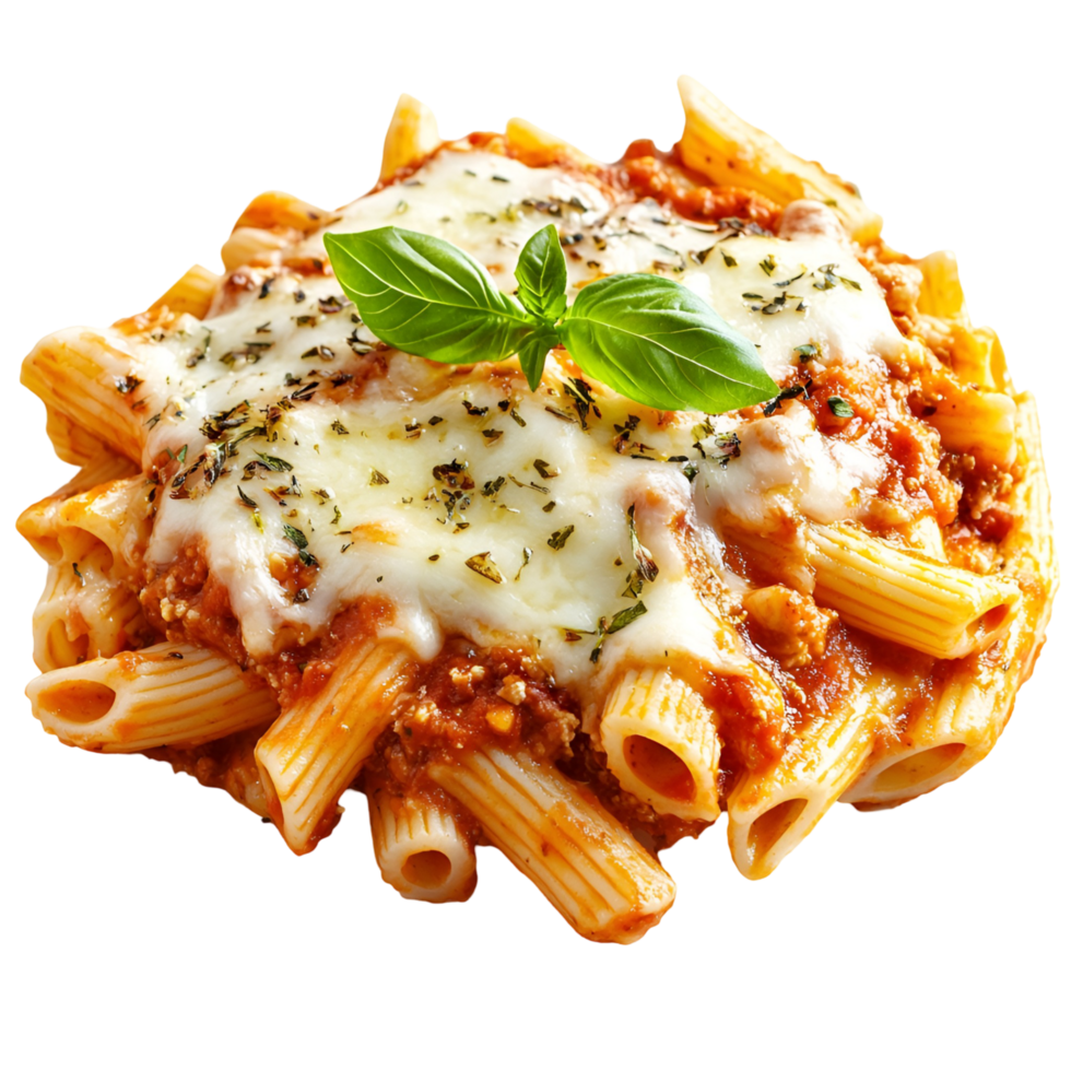 pasta with cheese and basil on a plate on transparent background. png