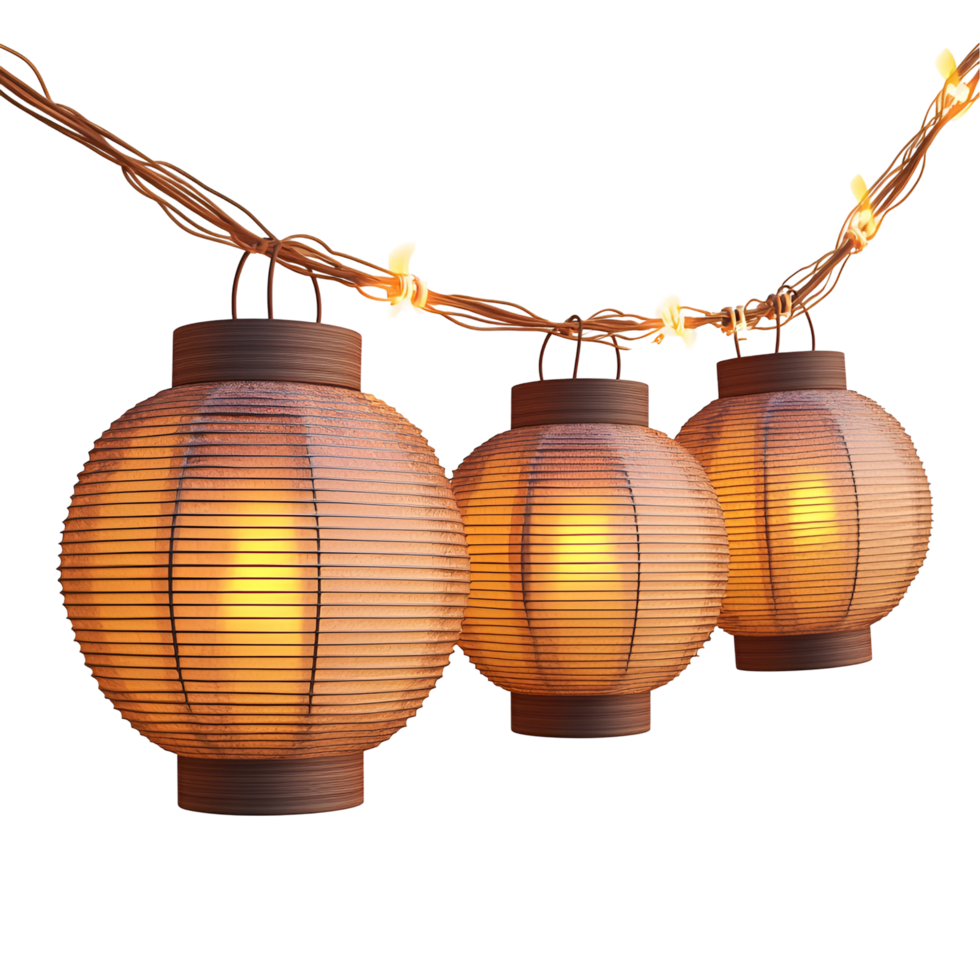 Three Paper Lanterns Hanging On A Wire Transparent Background png