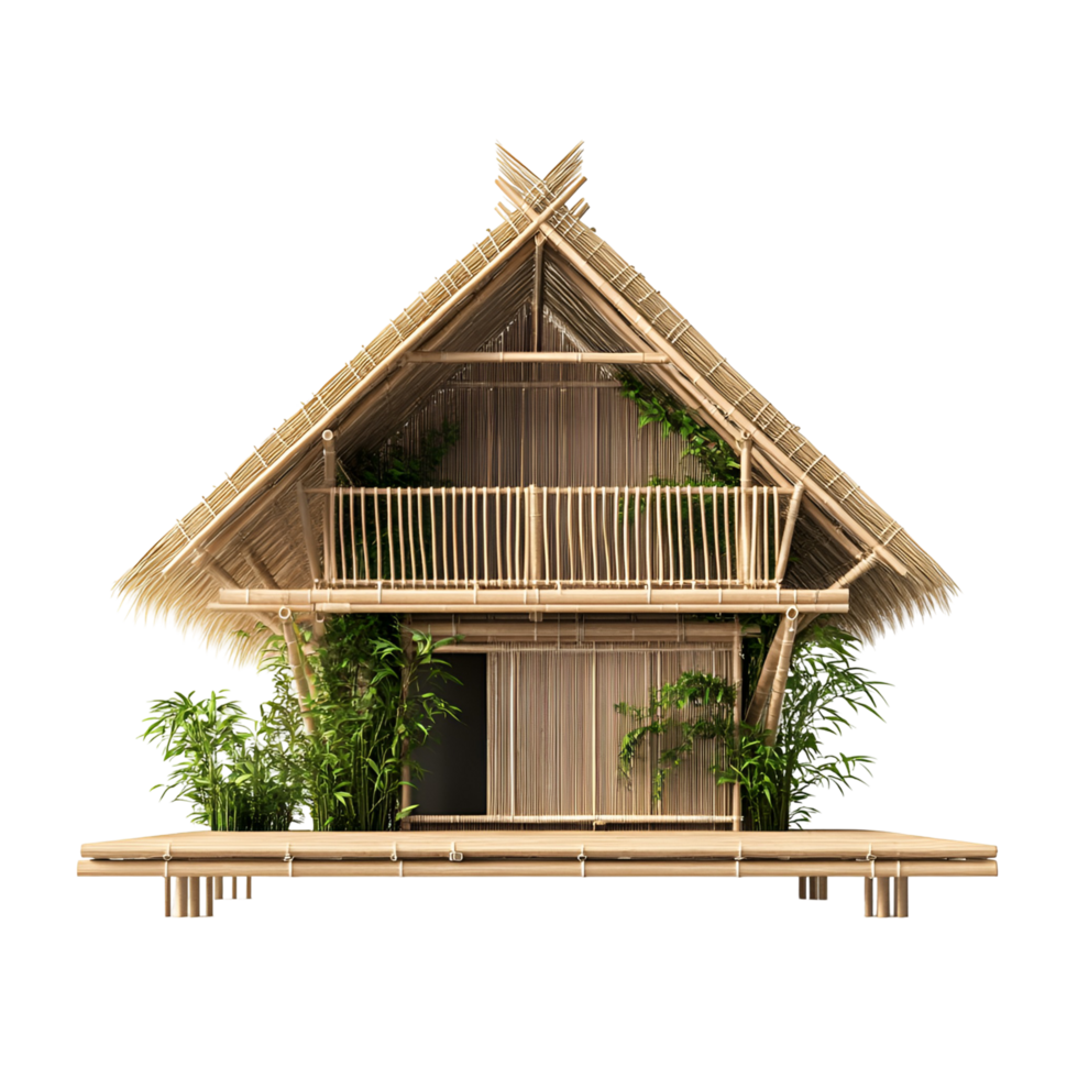 Wooden Bamboo Hut With Staircase And Veranda On Transparent Background png