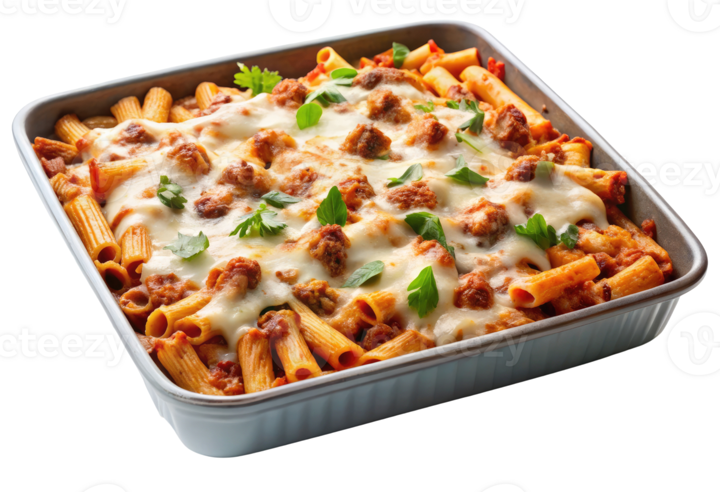 Baked pasta in a foil container isolated with transparent background. png