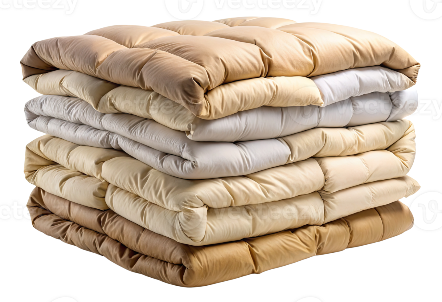 Stack of beige and white comforters isolated with transparent background. png