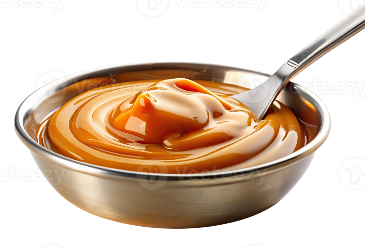Bowl of caramel swirl sauce isolated with transparent background. png