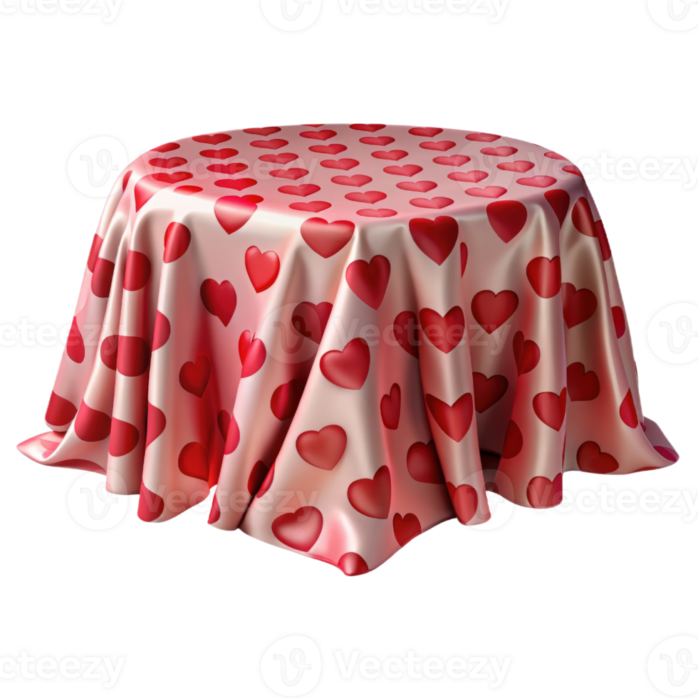 Round table with a heart patterned tablecloth 3d render isolated on transparent png