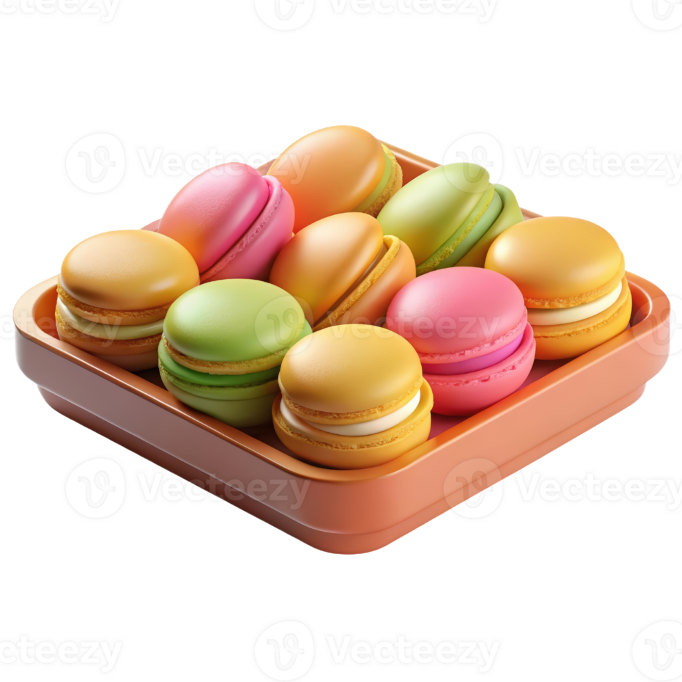 Assortment of colorful macarons in a tray 3d render isolated on transparent png