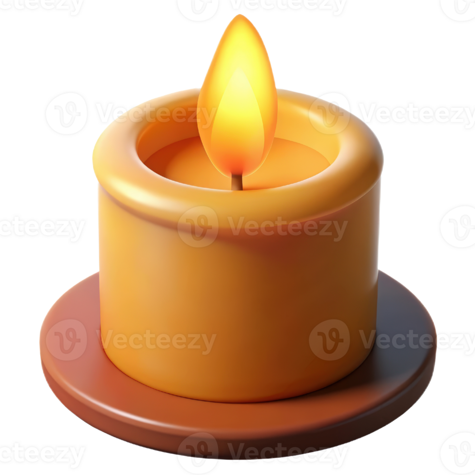 Single lit candle on a brown base 3d render isolated on transparent png