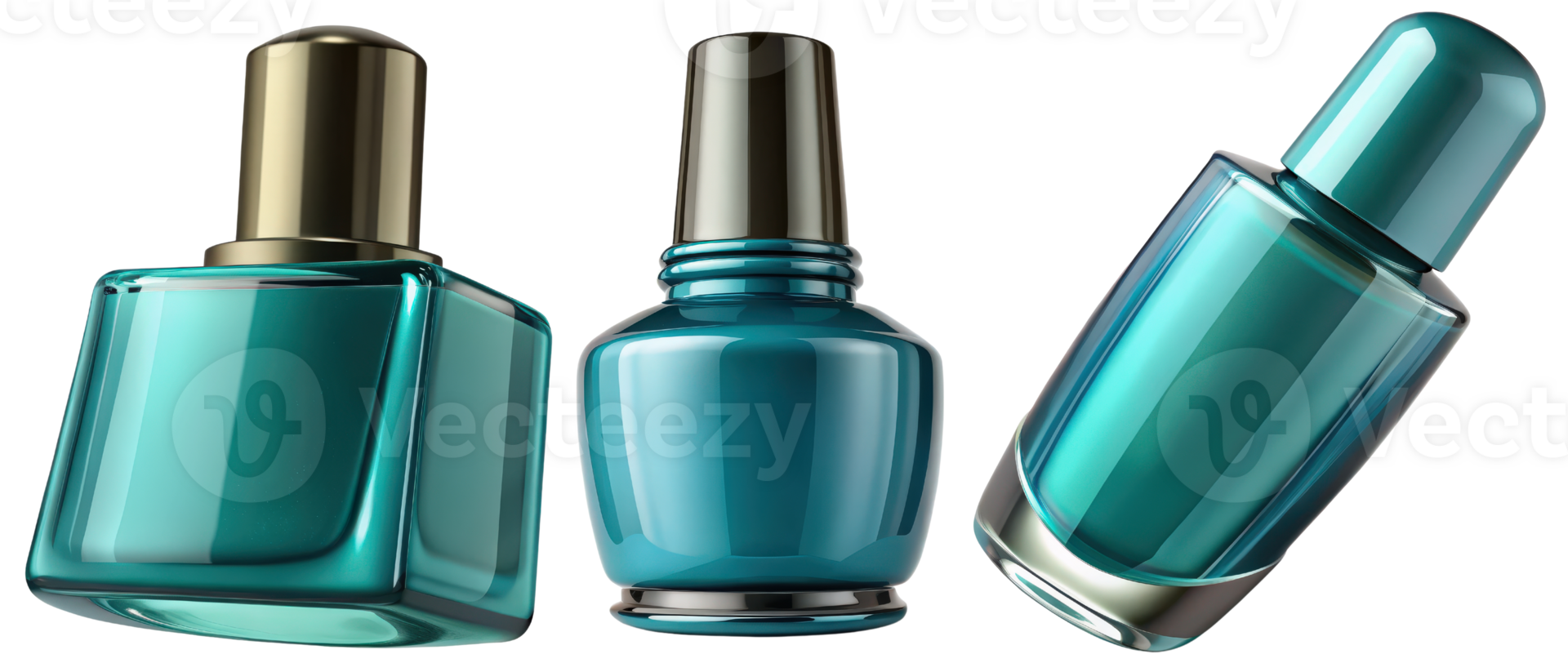 Three teal glass bottles 3d render isolated on transparent png
