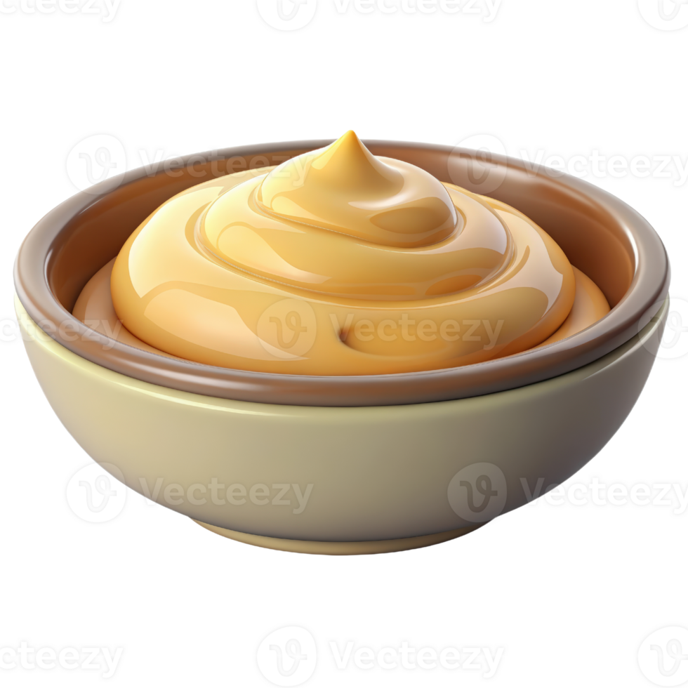 Bowl of creamy yellow sauce 3d render isolated on transparent png