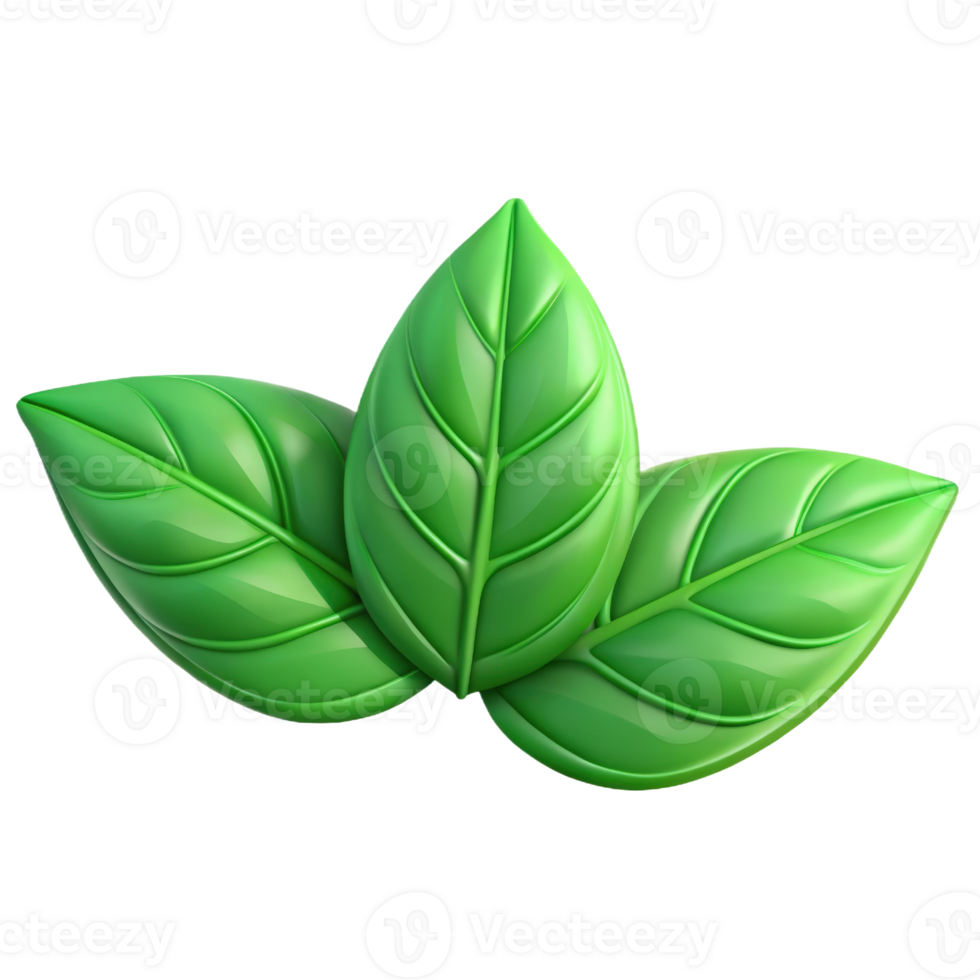 Three vibrant green leaves 3d render isolated on transparent png