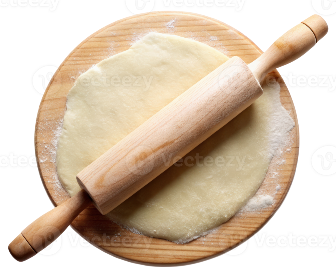 Rolling pin and pizza dough on a board on a transparent background png