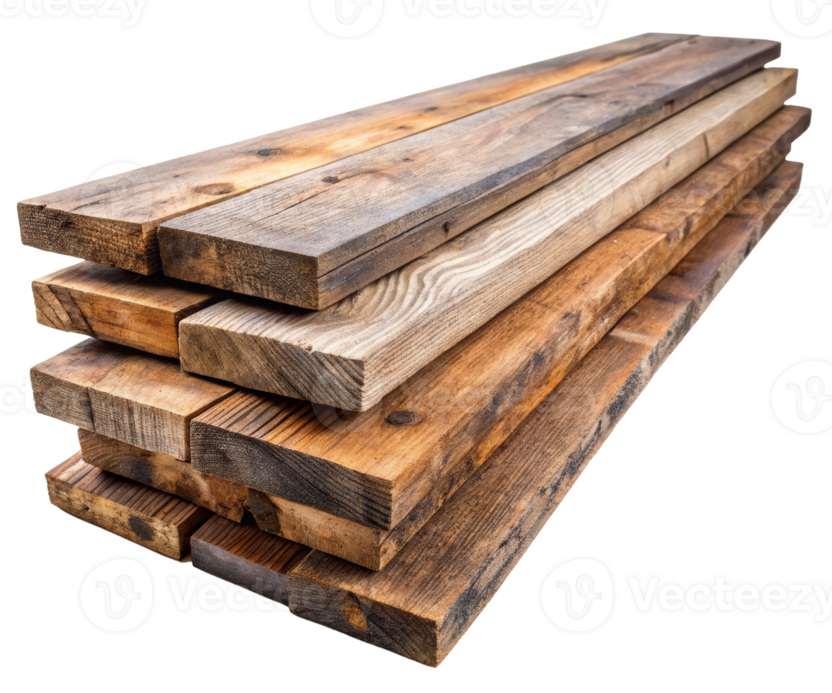Stack of reclaimed wood planks on a transparent background png