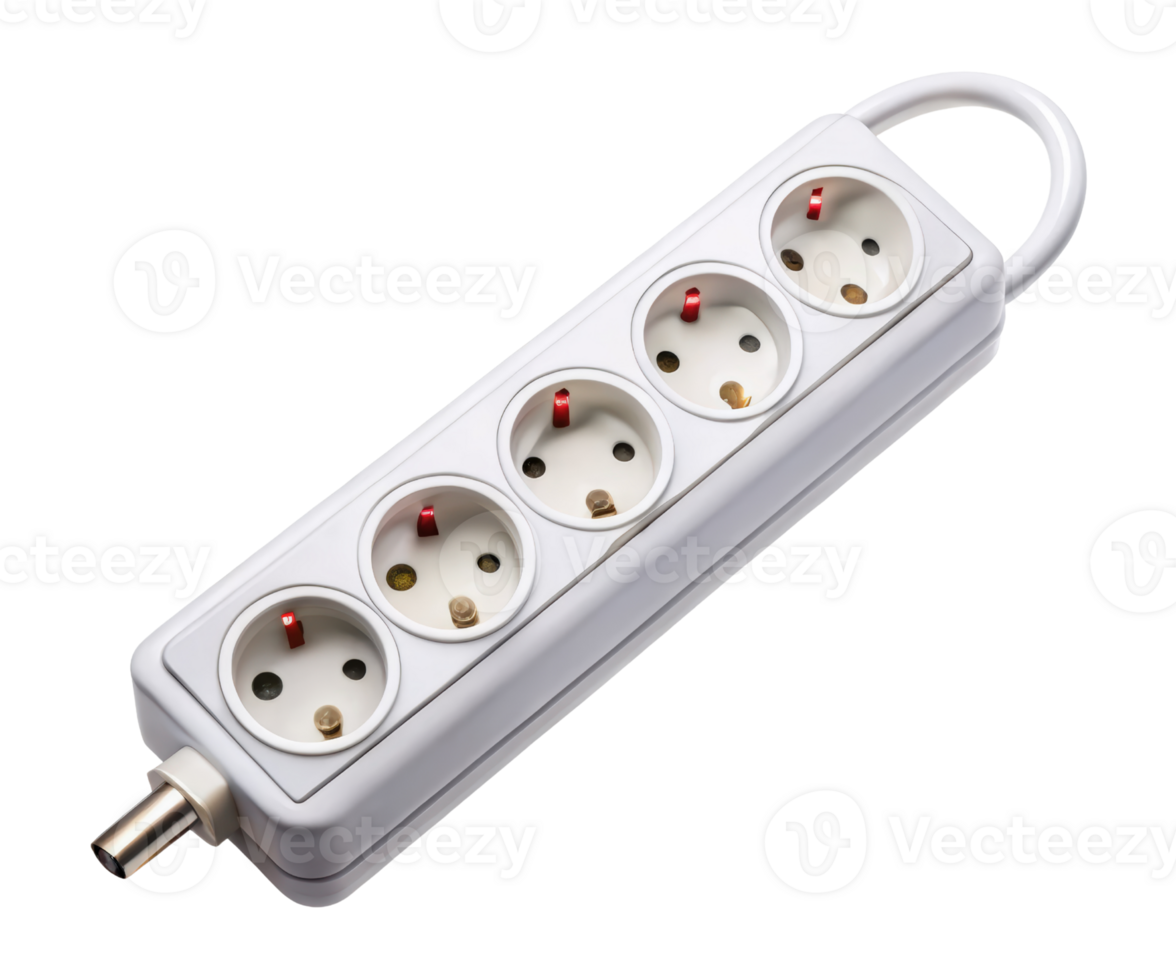 White power strip with five outlets on a transparent background png