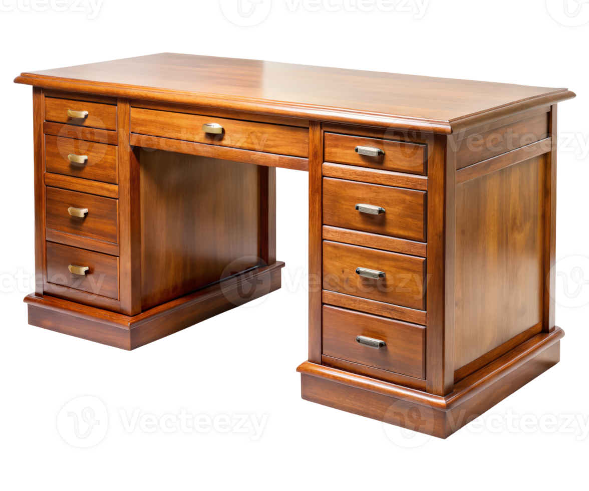 Large wooden desk with multiple drawers on a transparent background png