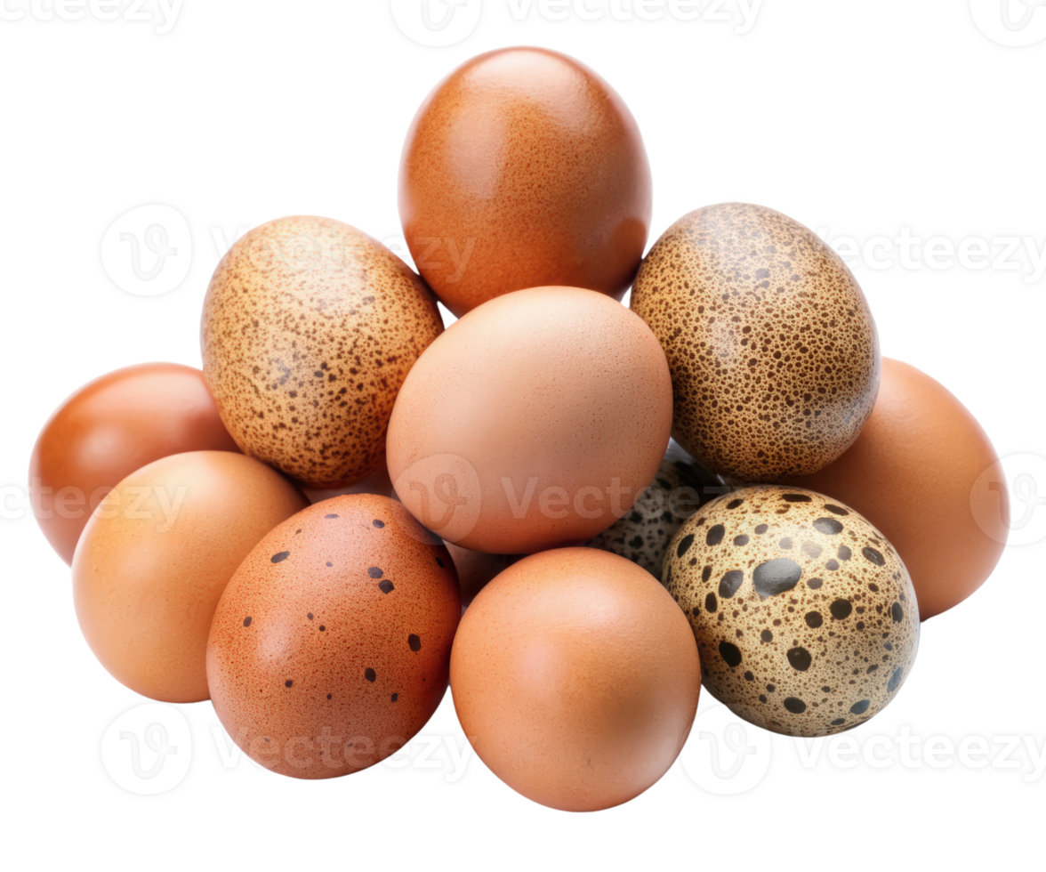 A Pile of chicken eggs and quail eggs on a transparent background png