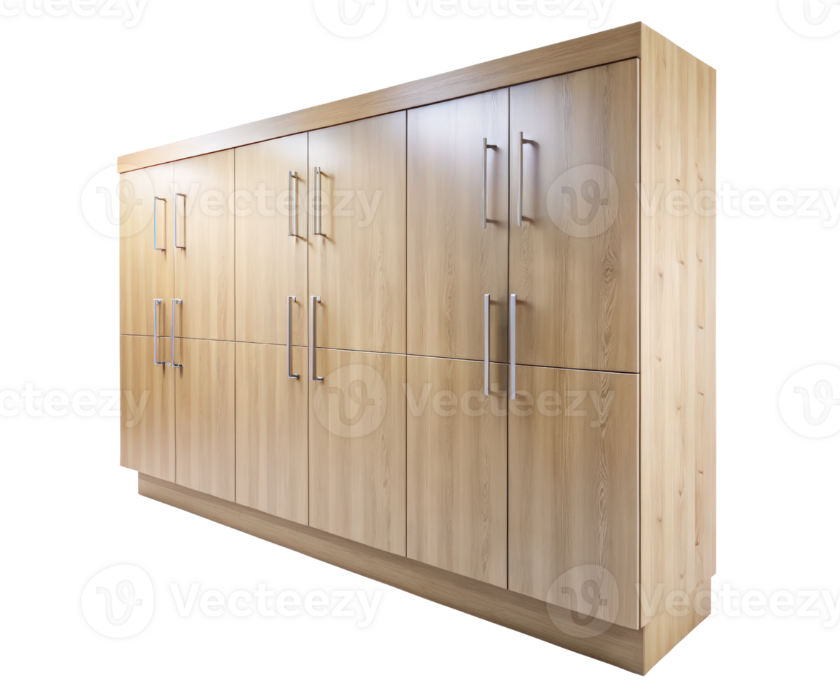 Wooden cabinet with multiple doors on a transparent background png