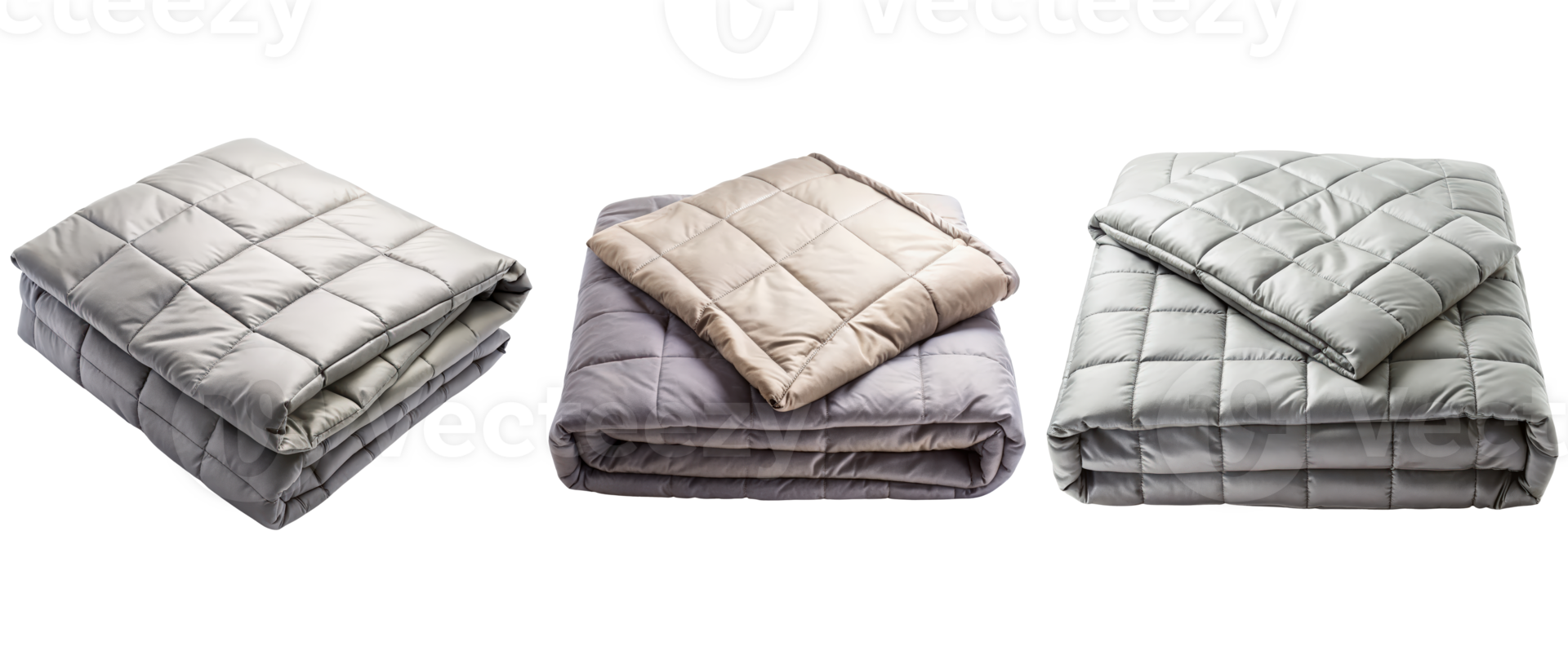 Three gray weighted blankets folded on a transparent background png